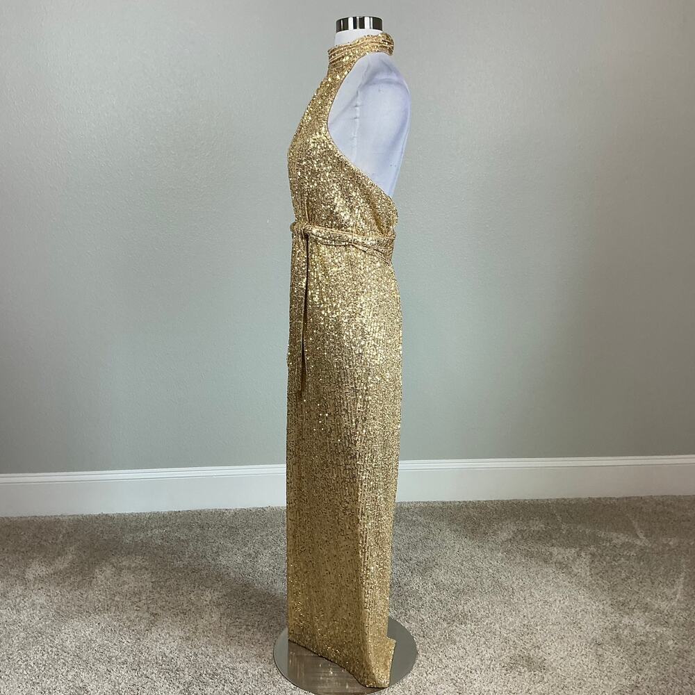 Mac Duggal 11281 Gold Sequined Evening Gown Halter Neck Column Dress Size 4 - Picture 7 of 12